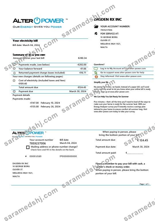 Malta AlterPower Malta proof of address business utility bill template in Word and PDF formats